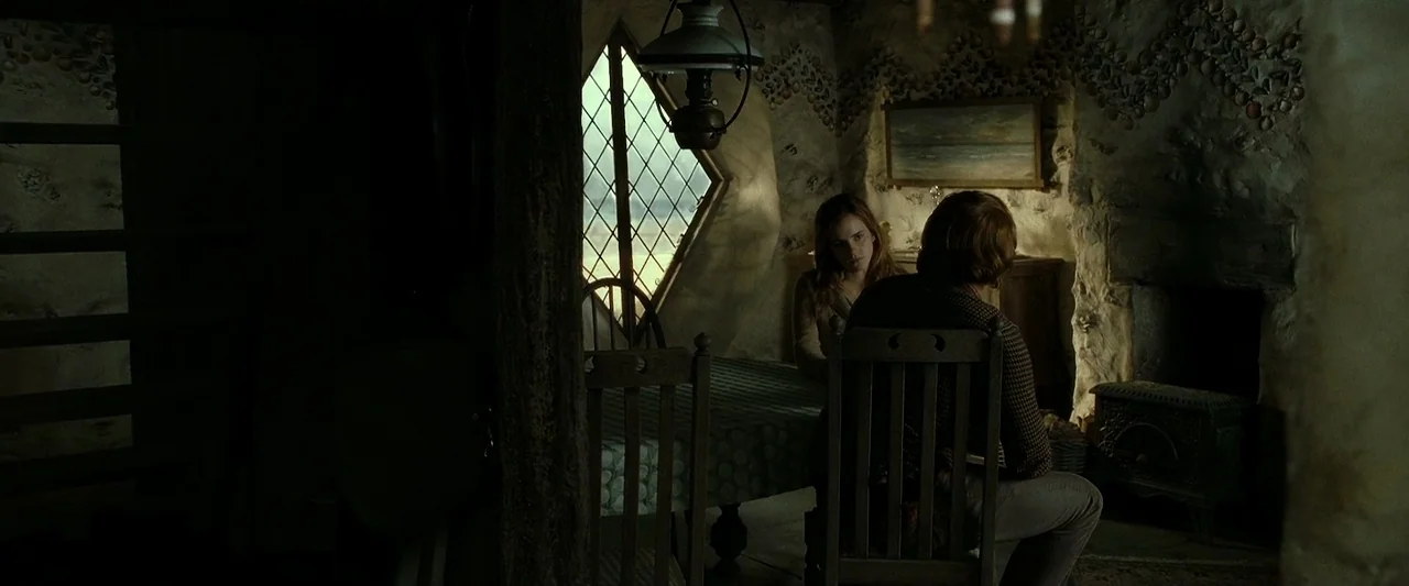 Harry Potter & The Deathly Hallows Part 2 (2011) movie still: medium — A rustic cottage with textured plaster walls and a stone fireplace. A man and…