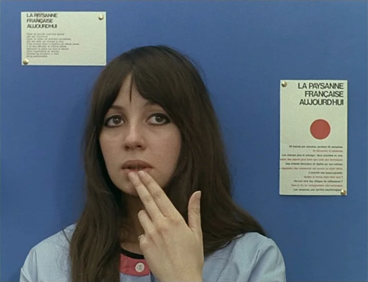 La Chinoise (1967) movie still: medium — A woman stands before a flat blue wall adorned with two white information cards. The cards feature black…