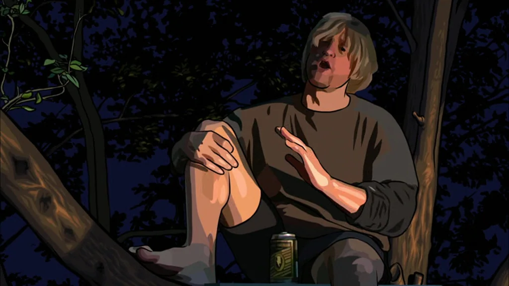 A Scanner Darkly (2006) movie still: medium — A person sits on a tree limb at night in front of dark foliage. The subject gestures with their hands…