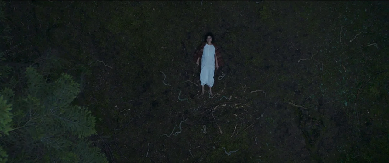 Nightsiren (2022) movie still: wide — An aerial view shows a clearing in a dark, densely wooded area at night. A woman lies flat on the ground with…