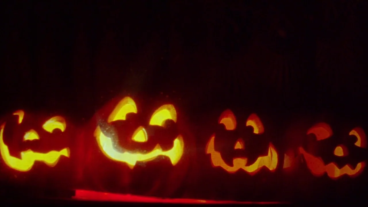 I Am Not a Serial Killer (2016) movie still: wide — Four carved pumpkins are lined up horizontally in a completely dark setting. The glowing eyes…