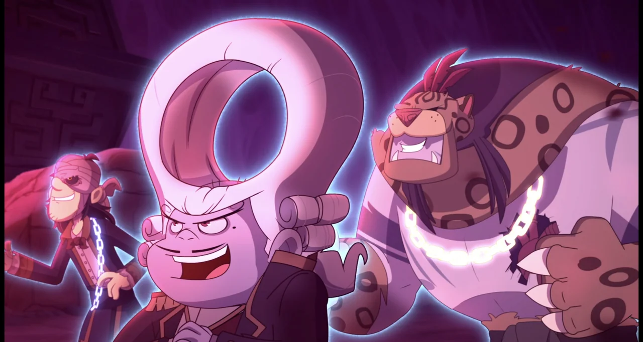 Las leyendas: El origen (2021) movie still: medium — A stone-walled interior space with dark textures and ancient carvings. Three cartoon characters…