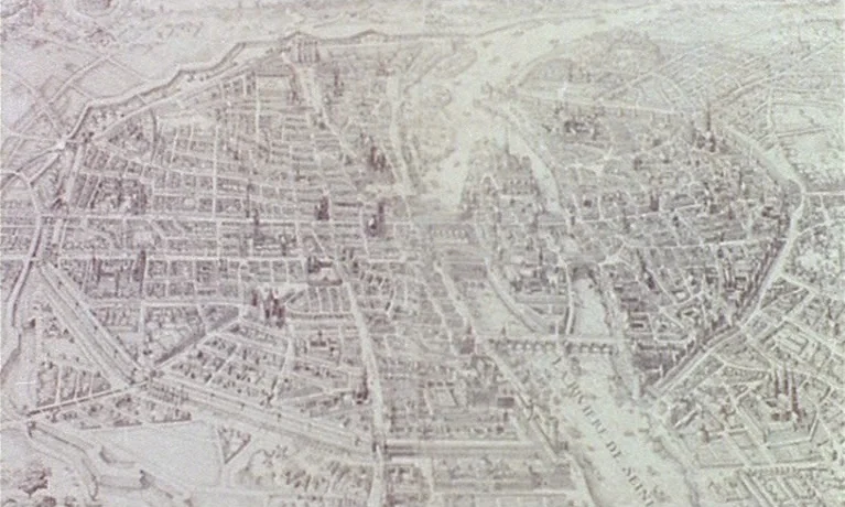 Nuits Rouges (1974) movie still: establishing — An intricate historical line drawing displays the dense urban layout of medieval Paris. The map…
