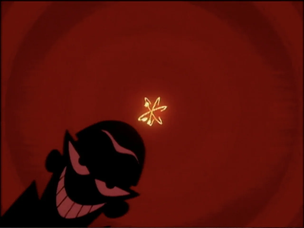 Dexter's Laboratory: Ego Trip (1999) movie still: closeup — A deep red abstract void contains a single character silhouette and a floating icon. The…