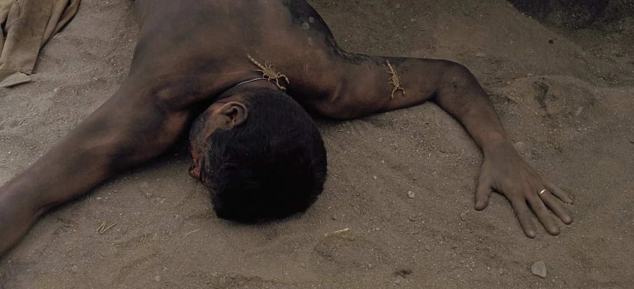 Patton (1970) movie still: medium — A man lies face down on a patch of dry, sandy earth. Two small scorpions are positioned on his exposed back and…