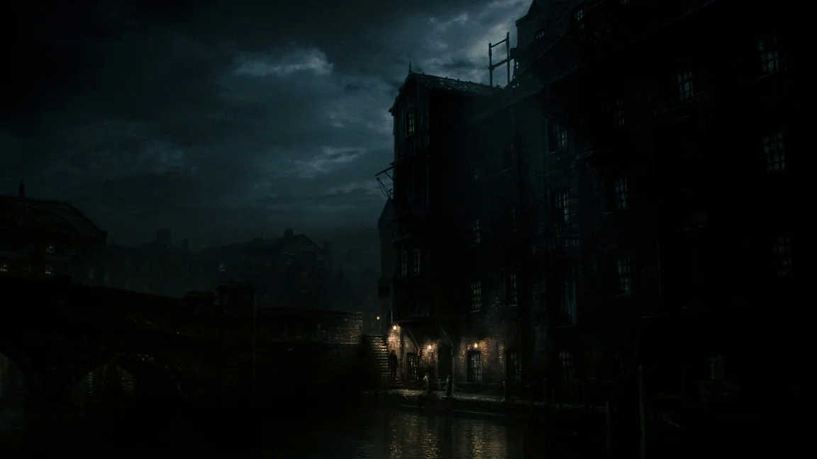 Sweeney Todd: The Demon Barber of Fleet Street (2007) movie still: establishing — A dark, multi-story brick industrial building looms over a calm,…