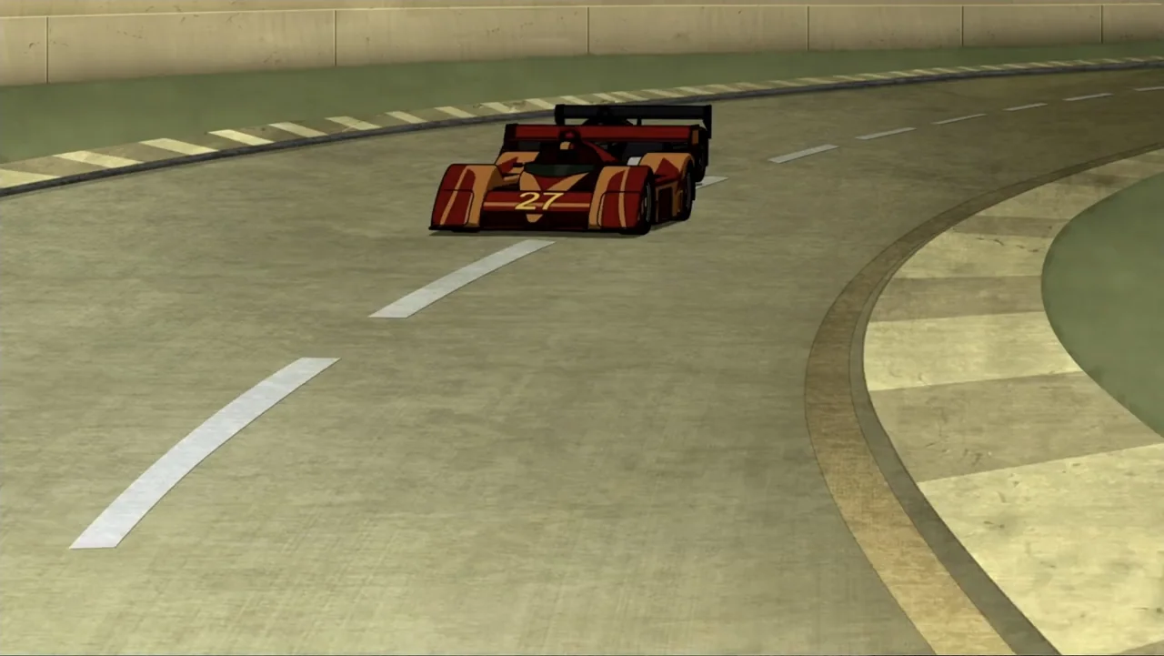 Batman: The Dark Knight Returns, Part 1 (2012) movie still: wide — A paved racetrack curves to the right beneath a low concrete wall. A red and…