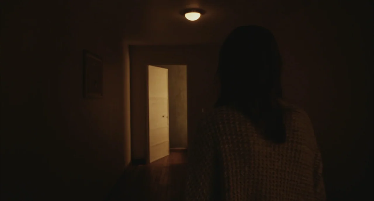 The Diary (1999) movie still: medium — A dark hallway connects to a brighter room through a partially opened wooden door. A person seen from behind…