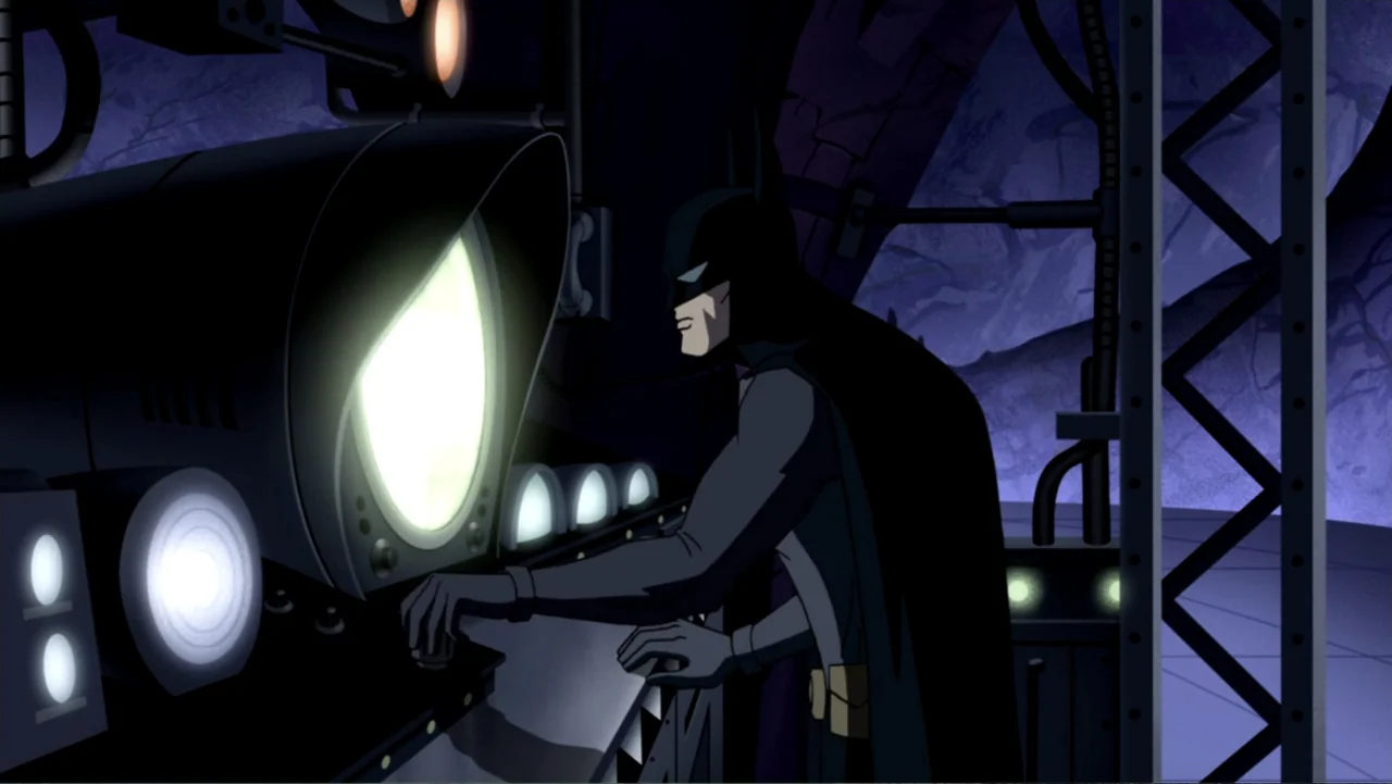 Justice League: The New Frontier (2008) movie still: medium — A dark, industrial room features high-tech monitoring equipment and metal structural…
