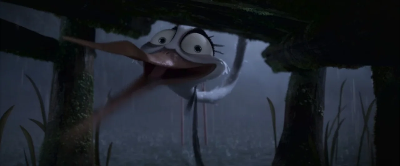 Migration (2023) movie still: closeup — A dark, rainy wetland features mossy wooden posts forming a natural frame. A white bird with large…