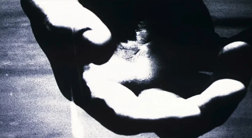 Rampo Noir (2005) movie still: closeup — A close-up view of a human hand cupped and held toward the frame. Sharp light illuminates the palm and…