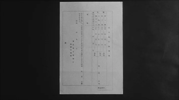 Death By Hanging (1968) movie still: closeup — A single sheet of Japanese official government stationery rests on a solid black background. The…
