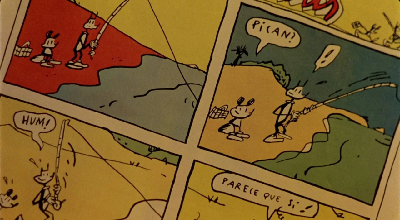 What Have I Done To Deserve This? (1984) movie still: closeup — A close-up view of a comic book page featuring several distinct cartoon panels. The…