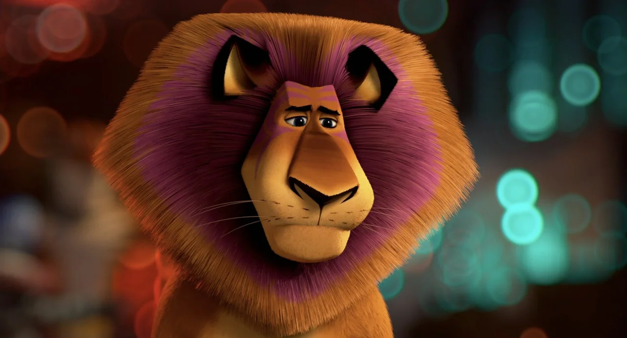 Madagascar 3: Europe's Most Wanted (2012) movie still: closeup — A stylized anthropomorphic lion stands in front of a dark, bokeh-filled background.…