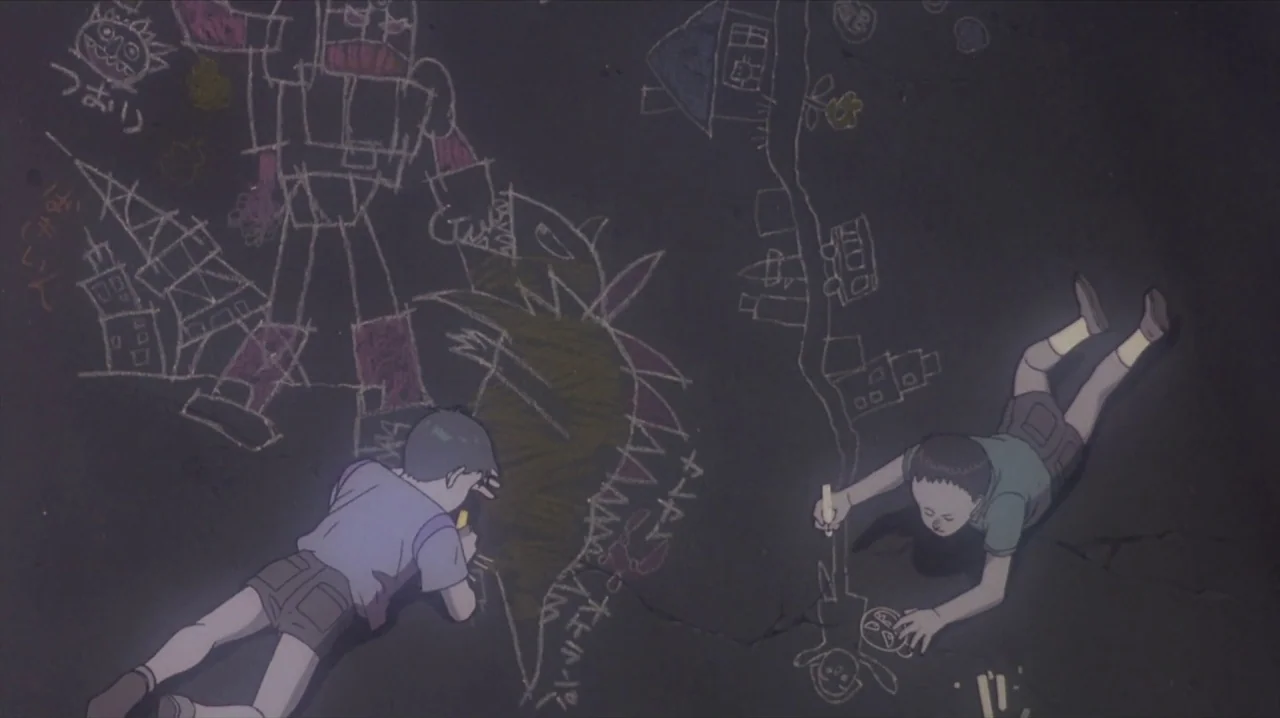 Akira (1988) movie still: wide — Two children lie on dark pavement surrounded by extensive chalk drawings of robots and buildings. The children are…