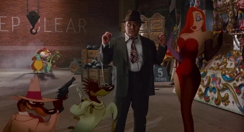 Who Framed Roger Rabbit (1988) movie still: fullbody — A spacious industrial warehouse interior features brick walls, wooden shipping crates, and…