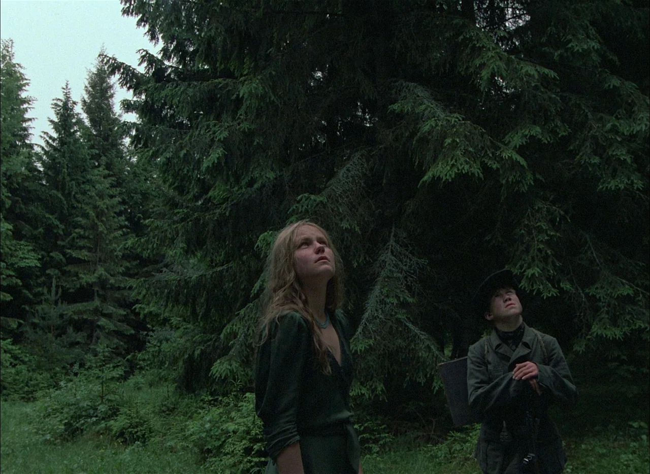Come and See (1985) movie still: medium — A dense, overgrown coniferous forest creates a backdrop of thick, dark evergreen needles. A young woman…