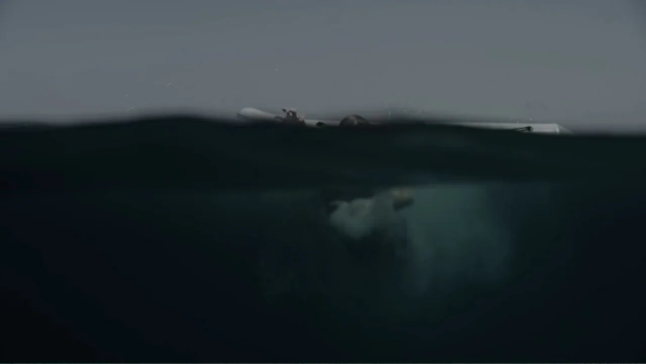 Capsized: Blood in the Water (2019) movie still: wide — A vast expanse of dark, deep water under a grey overcast sky. A person swims near a white…