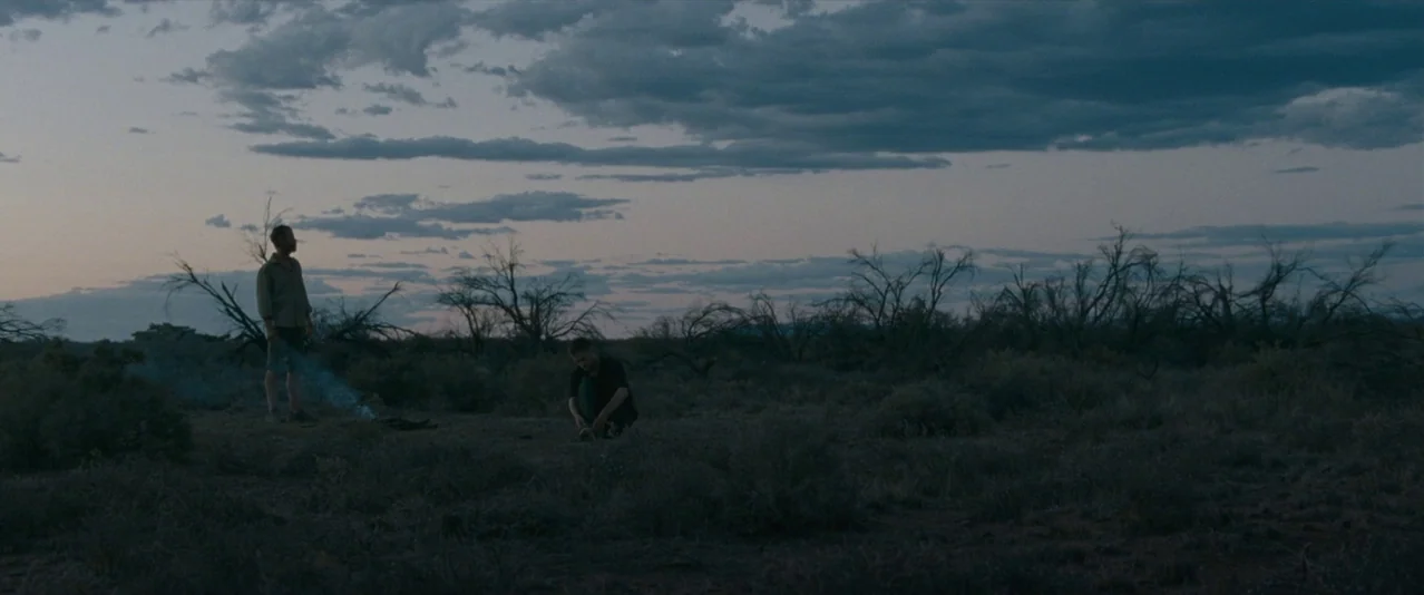 The Rover (2014) movie still: wide — A vast arid landscape features sparse brush and dry earth under a twilight sky. One person stands by a small…
