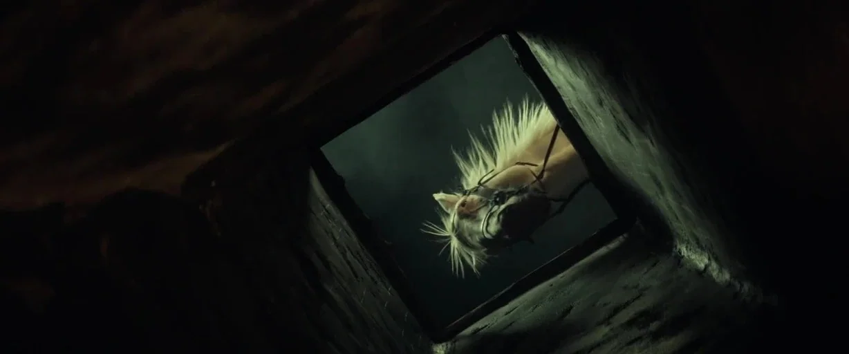 The Lone Ranger (2013) movie still: closeup — A dark stone chute frames a view of a white horse peering down. The animal is lit from above against a…