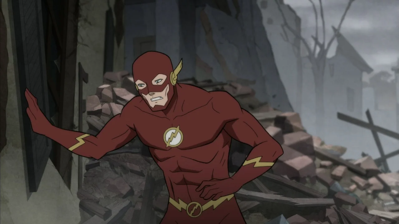 Justice Society: World War II (2021) movie still: medium — A desolate urban area features piles of rubble and crumbling wall structures. The Flash…
