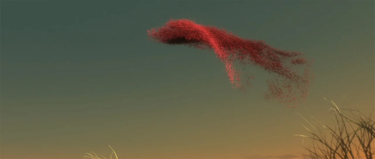 The Croods (2013) movie still: wide — A vast open field at golden hour sits under a twilight sky. A large flock of small red birds moves through the…