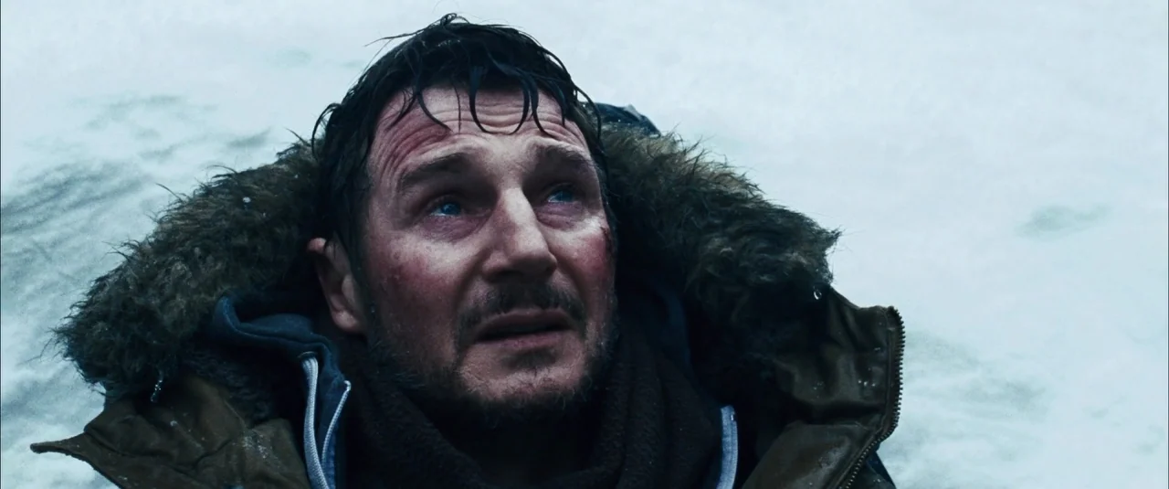 The Grey (2012) movie still: closeup — A man lies on his back amidst a vast, featureless expanse of white snow. He stares upward into the grey sky…