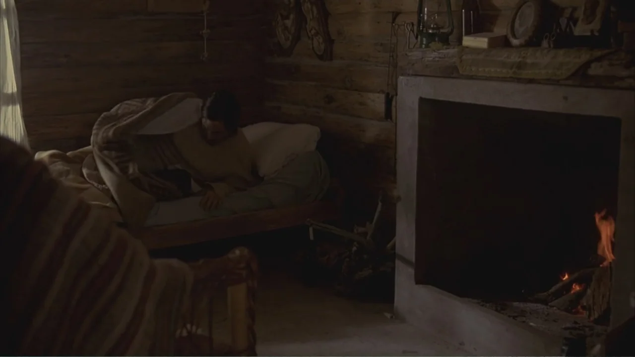 A Distant Place (2020) movie still: medium — A rustic log cabin interior features a stone fireplace and rough-hewn wooden walls. A man lies in a bed…