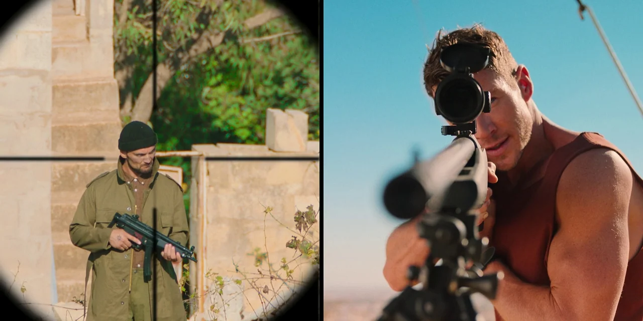 Sniper: G.R.I.T. (2023) movie still: medium — An arid, sun-drenched environment features stone ruins and a clear blue sky. A man looks directly into…