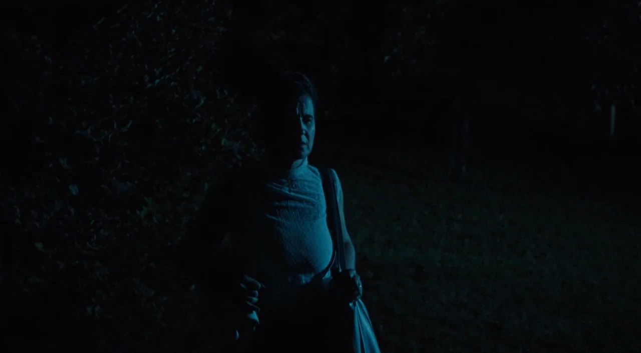 Paradise: Faith (2012) movie still: medium — An outdoor area at night with dense foliage visible in the shadows. A woman stands in the center…