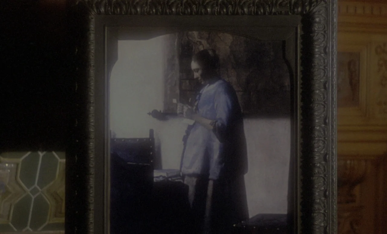 The Strange Case of Dr. Jekyll and Miss Osbourne (1981) movie still: closeup — A framed oil painting shows a woman standing in a dim, sparely…