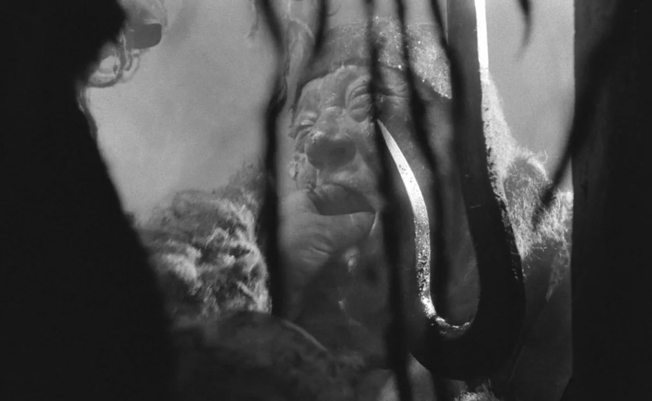 Hard To Be A God (2013) movie still: closeup — An abstract, high-contrast monochrome image shows a distorted reflection on a polished surface. The…