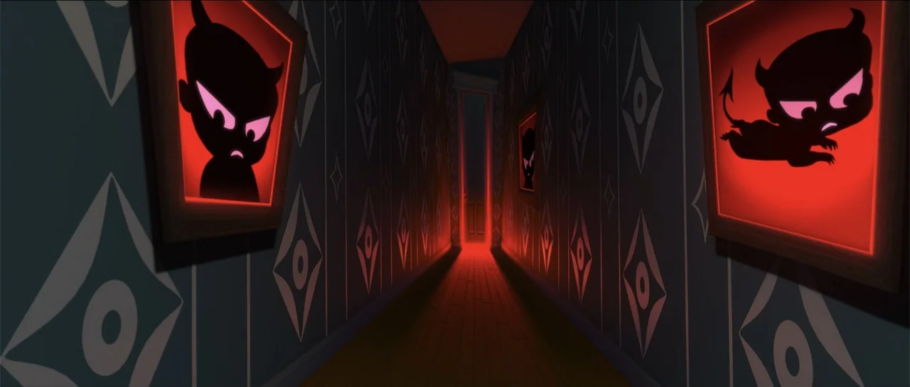 The Boss Baby (2017) movie still: establishing — A dark corridor features patterned wallpaper and several framed pictures depicting glowing red…
