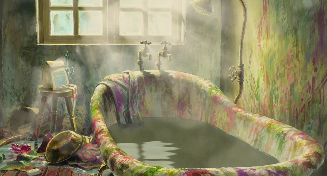 Howl’s Moving Castle (2004) movie still: establishing — A cluttered room features a bathtub covered in vibrant paint splatters beneath a window.…