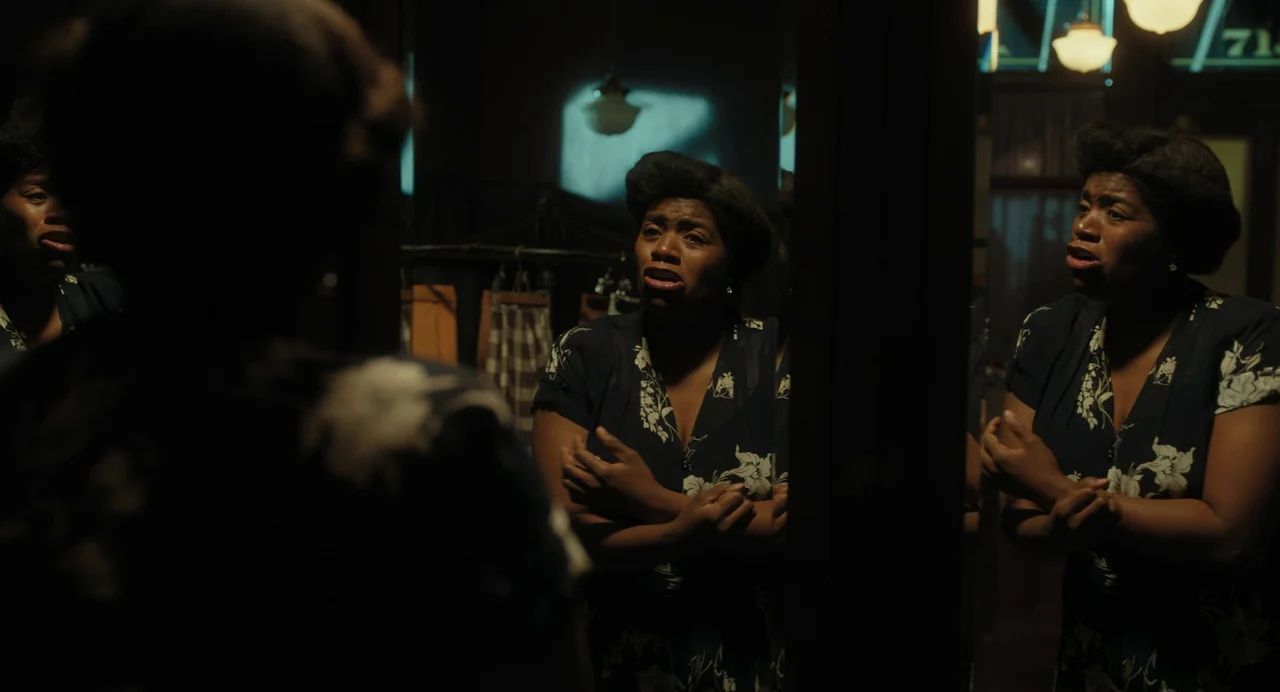 The Color Purple (2023) movie still: medium — A dimly lit room with mirrors reflecting a woman standing before them. She holds her arms across her…