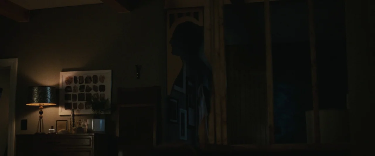 The Night House (2020) movie still: wide — A dimly lit room at night features a table lamp and wall art. Darkness obscures the area to the right of…