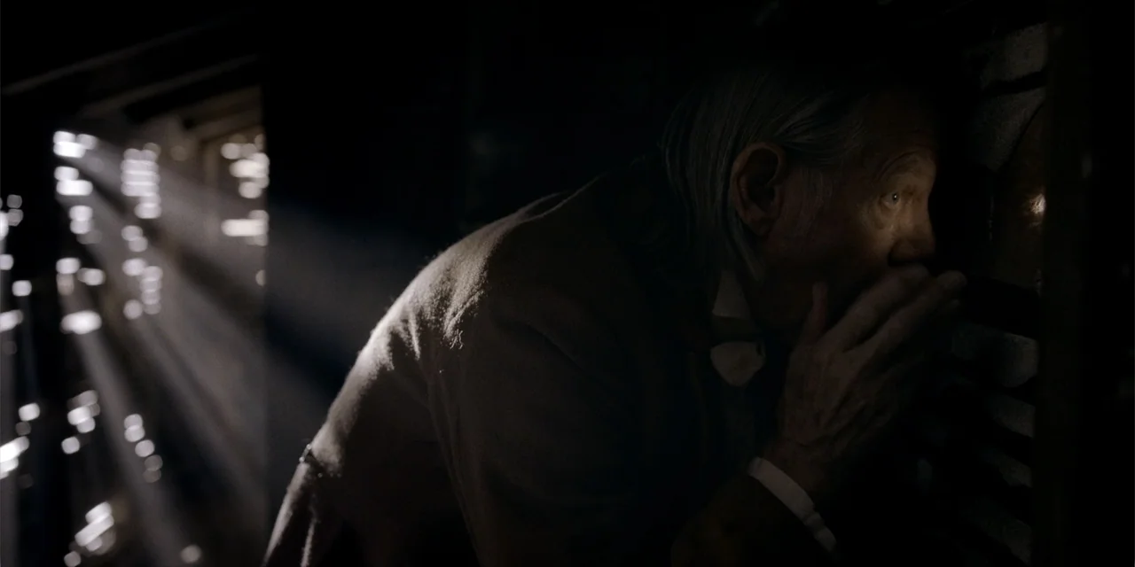 Deadwood: The Movie (2019) movie still: medium — A dark indoor space features wooden surfaces and filtered light from a nearby window. An elderly…