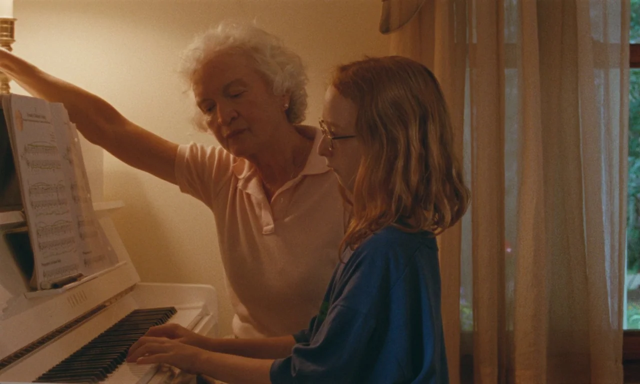 Janet Planet (2023) movie still: medium — A light-colored room with a window covered by sheer curtains. An elderly woman stands behind a teenager…