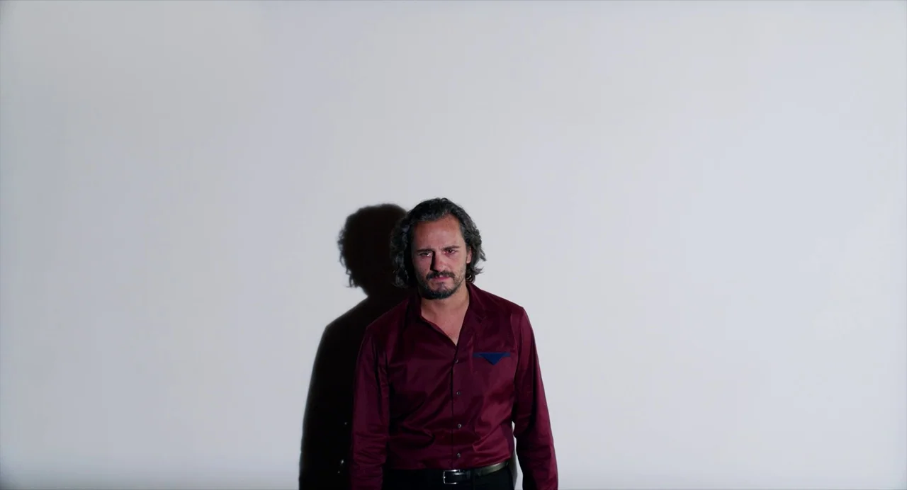 Pain and Glory (2019) movie still: medium — A man stands centered against a large, flat, featureless white wall. A stark black shadow of the man is…
