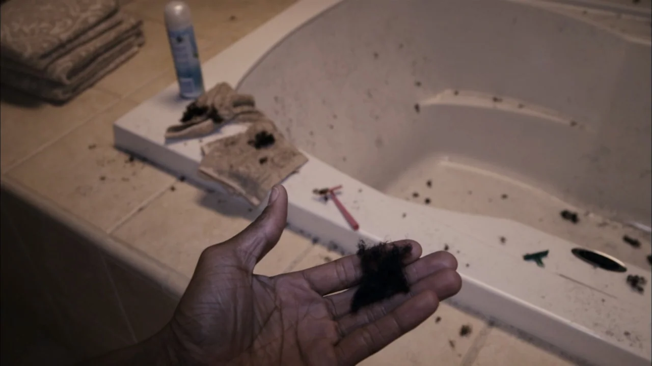 A Haunted House (2013) movie still: closeup — A tiled bathroom surface is scattered with small dark hair clippings and grooming tools. A person…