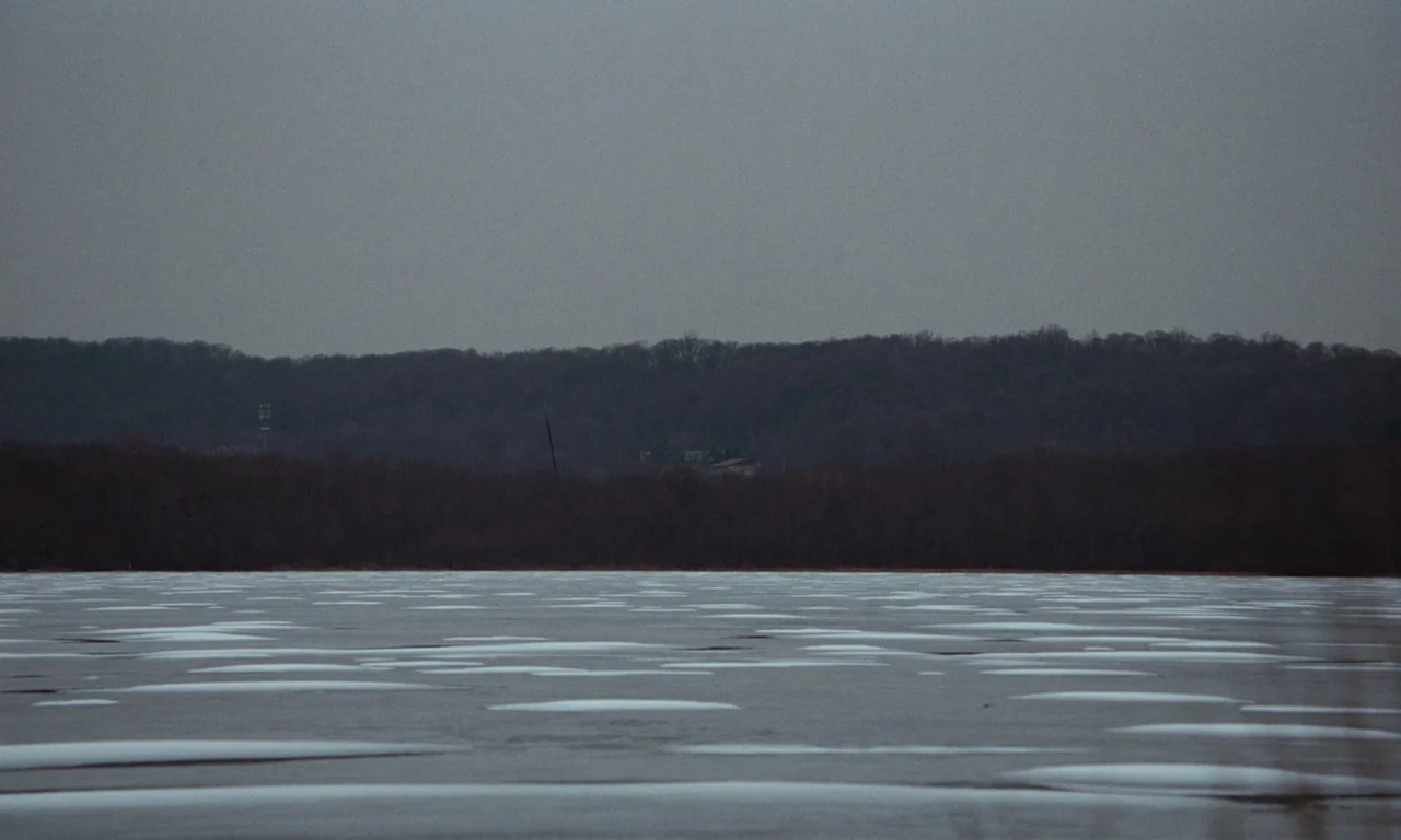 Vox Lux (2018) movie still: establishing — A frozen lake with patches of snow covers the foreground under a grey sky. Dark, leafless forests line…