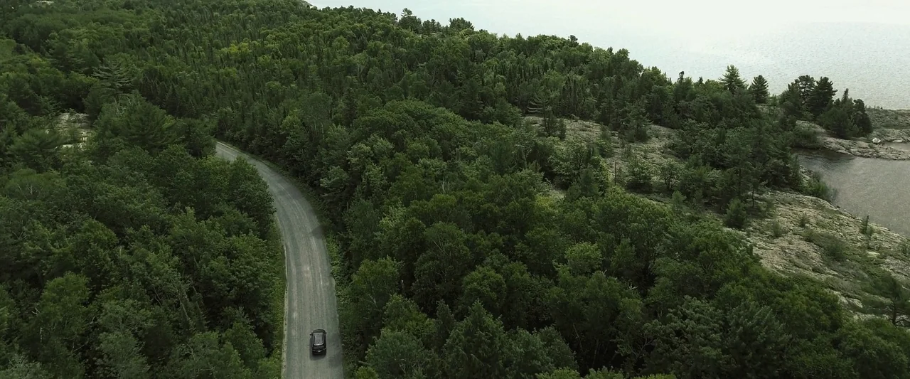 The Night House (2020) movie still: establishing — A dense green forest hugs a narrow gravel road running parallel to a lake. A single dark car…