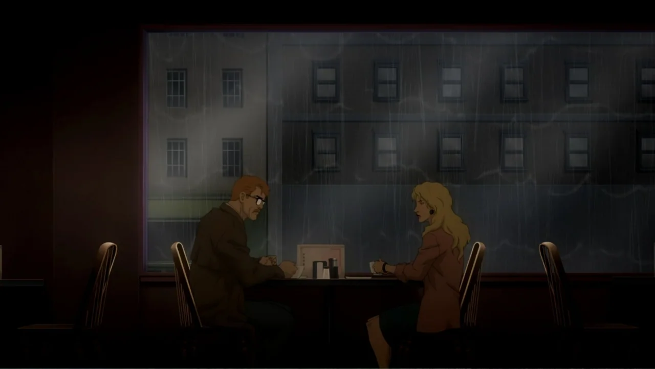 Batman: Year One (2011) movie still: medium — A dark diner booth faces a large rain-streaked window showing city buildings at night. A man with a…