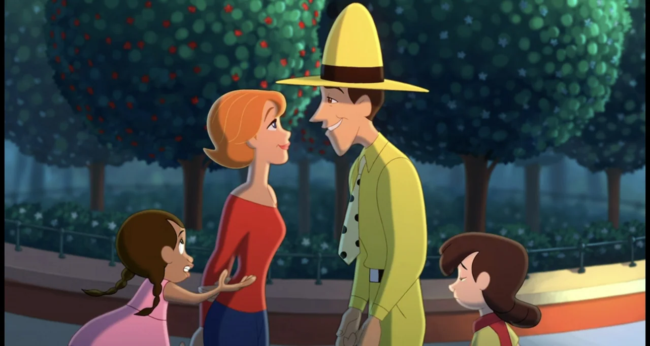 Curious George (2006) movie still: medium — A park at night features rows of spherical trees with small red flowers. A man in a yellow suit stands…