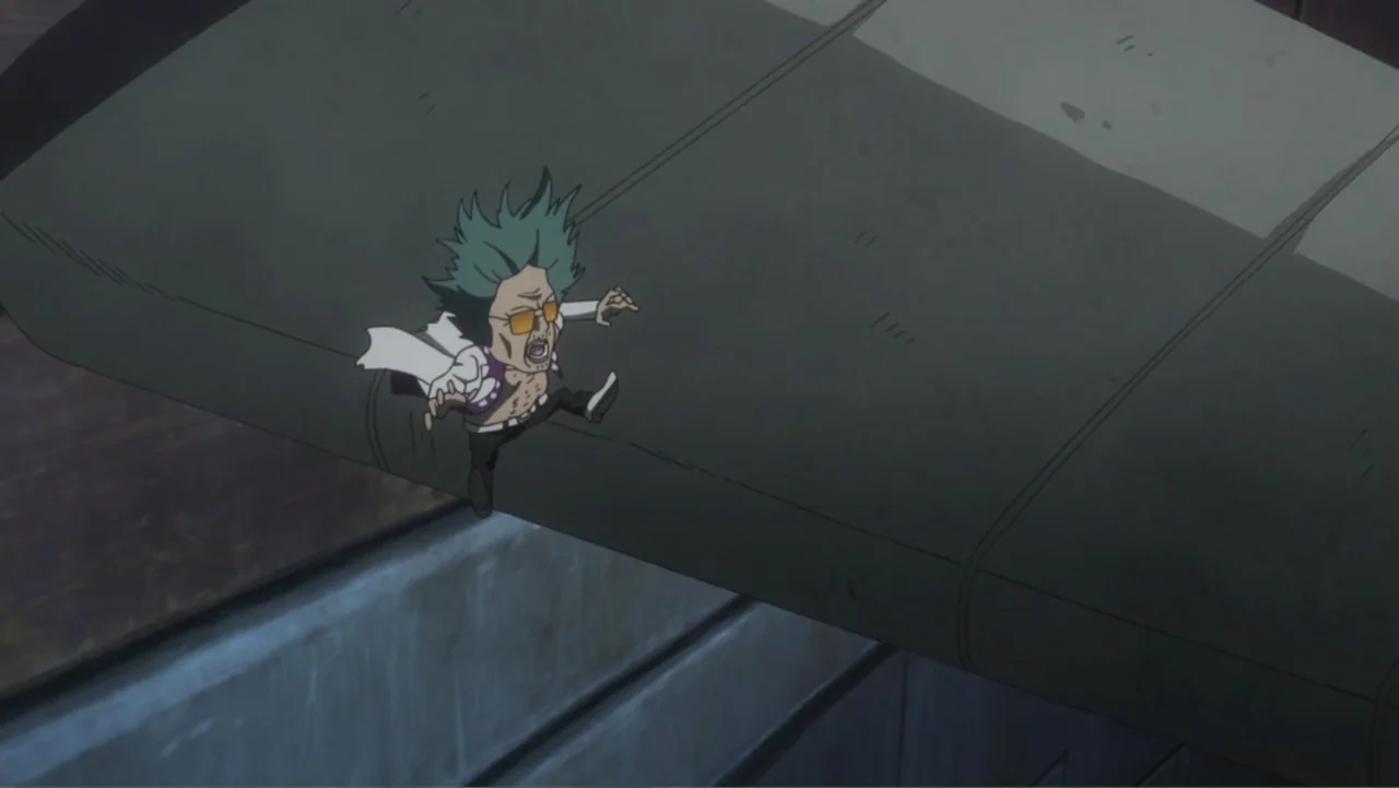 One Piece Film: GOLD (2016) movie still: wide — A dark airplane wing stretches diagonally across the frame against a nighttime backdrop. A man in an…