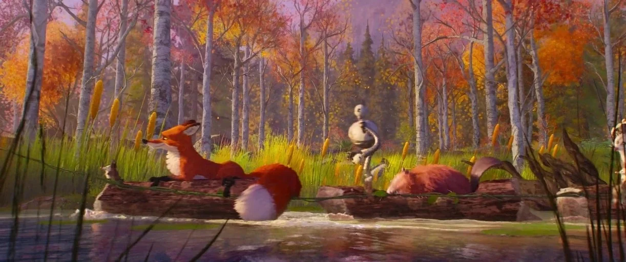 The Wild Robot (2024) movie still: wide — A wetland pond area features tall reeds and silver birch trees with autumnal foliage. A fox, a metallic…