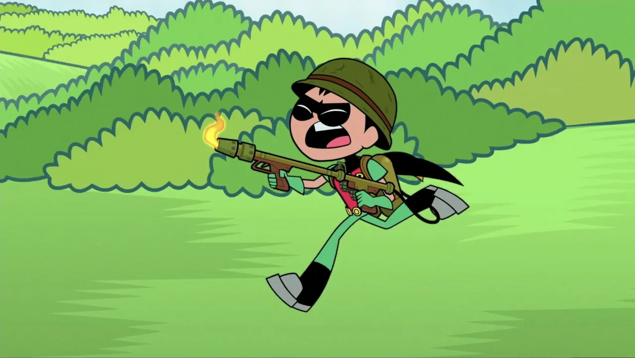 Teen Titans Go! To the Movies (2018) movie still: medium — A cartoon field with stylized green bushes under a bright sky. A male character in a…