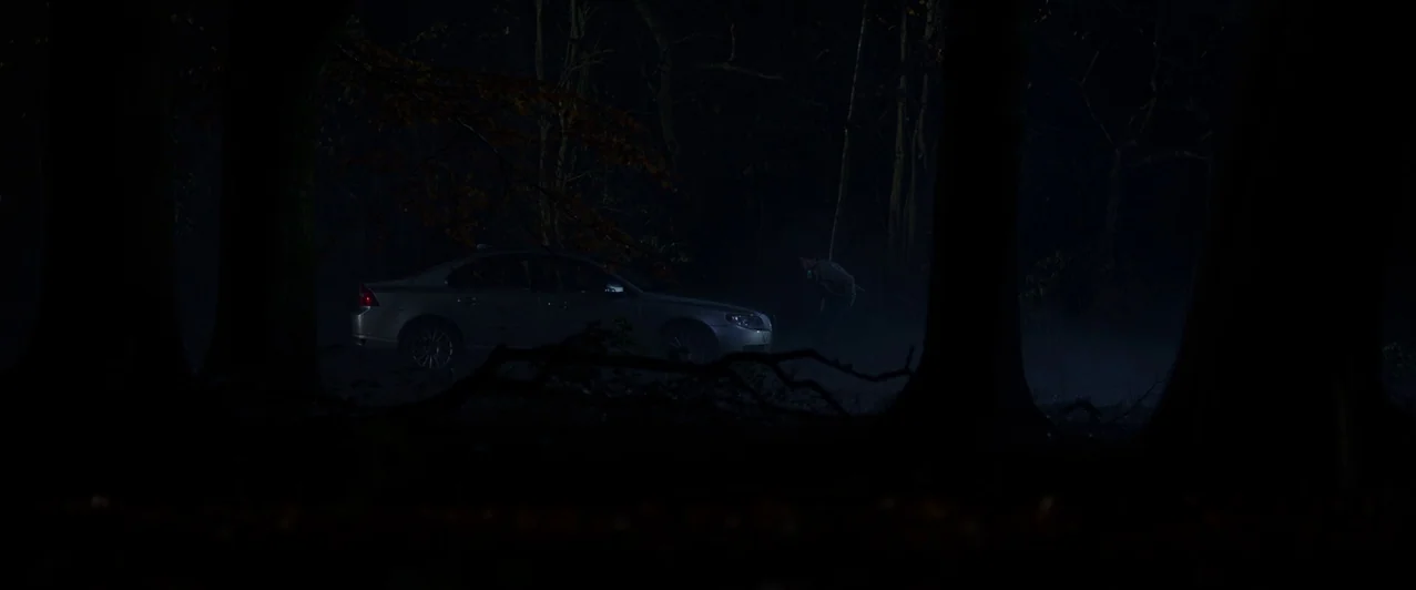 Ghost Stories (2017) movie still: wide — A dark, fog-filled patch of trees at night surrounds a parked sedan. A lone man stands near the front of…