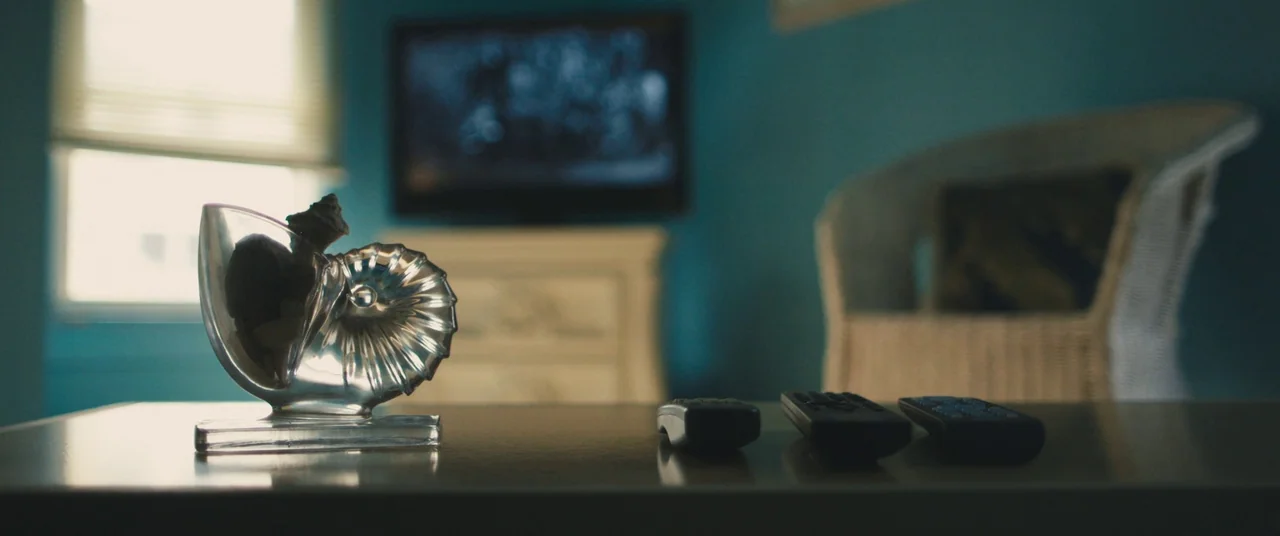 Blue Ruin (2013) movie still: closeup — A glass shell figurine and three remote controls sit on a smooth wooden table. A wicker chair and a…