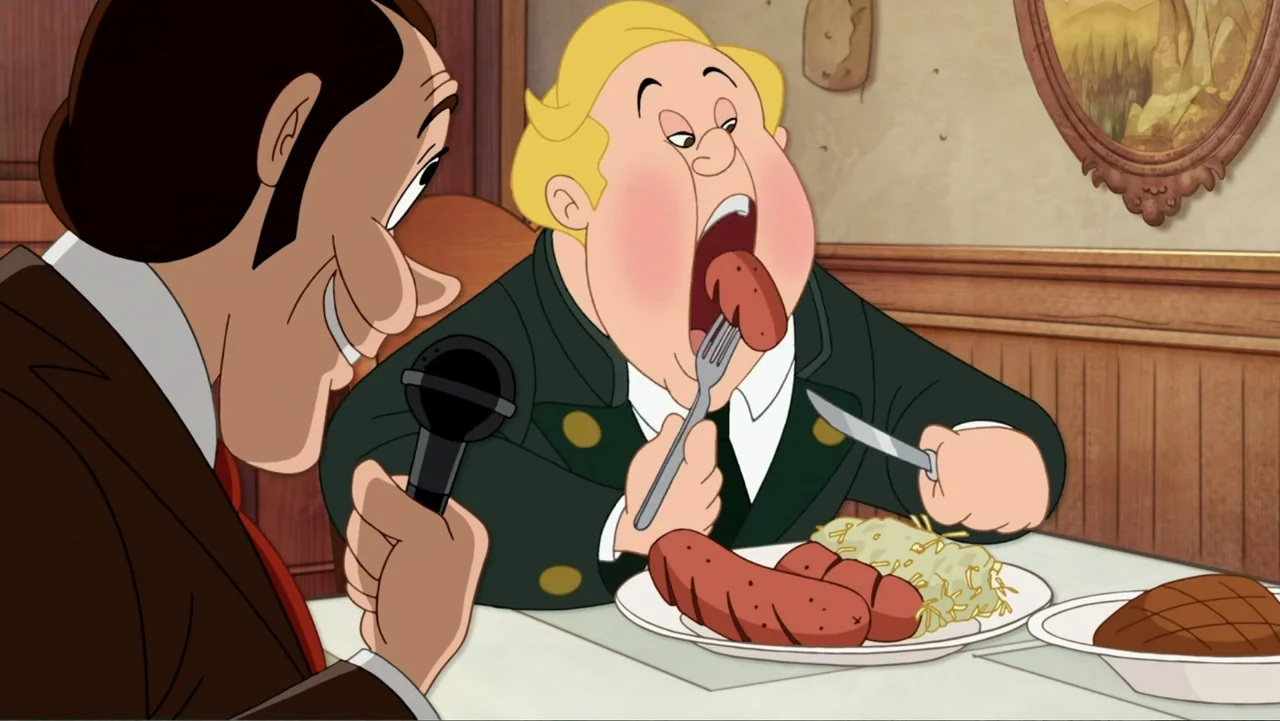 Tom and Jerry: Willy Wonka & the Chocolate Factory (2017) movie still: medium — A 2D animated interior dining room features a table set with a plate…